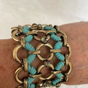 Brass cuff with teal and crystals accents, gently worn , in great condition